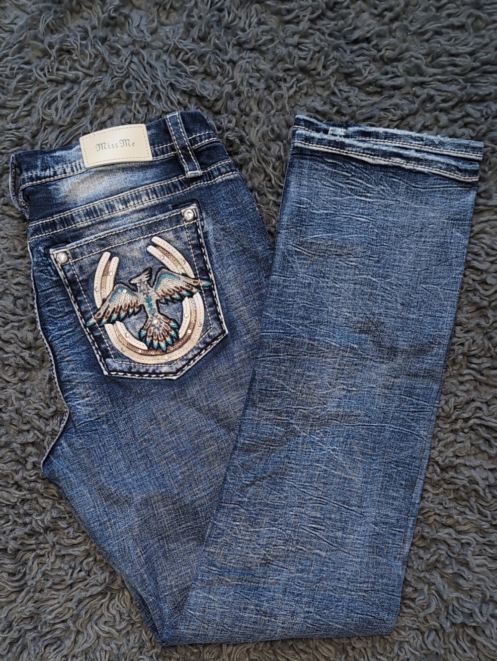 Miss Me Dark Blue Denim Mid-Rise Straight Jeans SZ 34, 33" Inseam